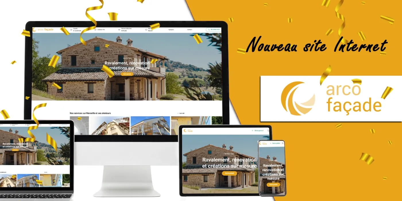4 devices sur lesquels s'affichent la page d'accueil du site arco façade avec en fond jaune le logo